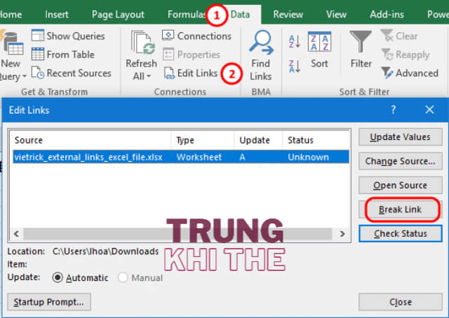 Xóa Data Links trong file Excel